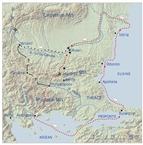 Alexander the Great's route from the Aegean to the Danube, through Thrace, 335 BC