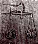 Χέρι με ζυγαριά, λεπτομ. από την ταφόπλακα του μπακάλη Κουτσοκωνσταντή, 1838 (φωτ του 1987)