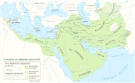 A map of the Abbasid Caliphate around 850 AD featuring provinces and settlements
