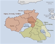 Χάρτης Λέσβου με χρωματισμένες τις δύο νέες δημοτικές ενότητες (δημιουργήθηκαν το 2019)